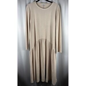 ZARA BASIC Beige Ribbed Knit Drop Waist Midi Dress Long Sleeve Casual‎ Women L